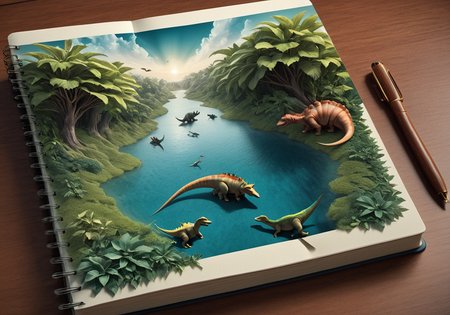 Surrealist art (Digital Artwork:1.3) of (Sketched:1.3) <lora:Book_FFusion_32:1> a notebook with a drawing of dinosaurs and a tree, 3 d epic illustrations, 3d matte illustration, ultra realistic 3d illustration, realistic illustration, realistic 3 d style, detailed digital 3d art, photorealistic illustration, detailed 2d illustration, highly detailed illustration, hyperrealistic illustration, epic full color illustration, ultra realistic illustration, realistic fantasy illustration,CGSociety,ArtStation,(Abstract Art:1.3),(Surrealism Art:1.3),(Geometric Abstract Art:1.3),naturalism,land Art,regionalism,shutterstock contest winner,trending on unsplash,featured on Flickr . Dreamlike, mysterious, provocative, symbolic, intricate, detailed