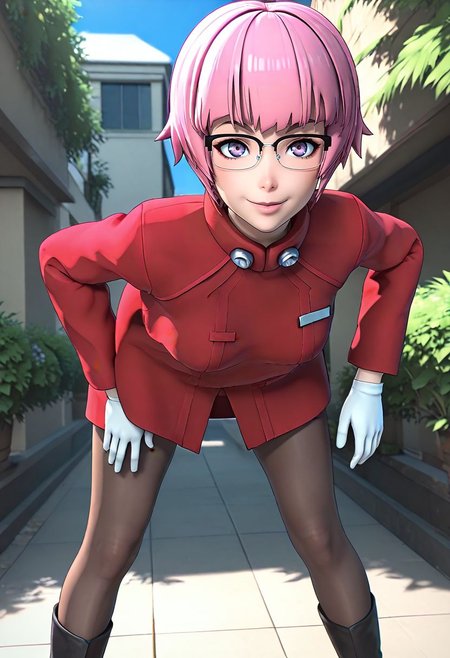 <lora:sdxl_lightning_8step_lora:1> <lora:Fixhands_anime_bdsqlsz_V1:1>score_9, score_8_up, score_7_up, source_anime, intricate details, perfect anatomy BREAK
1girl, solo, gis-esakipurin, pink hair, short hair, purple eyes, black-framed eyewear, red coat, white gloves, gis-esakipurin outfit, brown pantyhose, black boots,
downblouse, leaning forward, Happy,  wide smile with raised cheeks and crow's feet around the eyes., outdoors,
<lora:gis-esakipurin_XL(pony)fix:0.9>