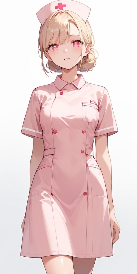score_9, score_8_up, score_7_up,source_anime, high res image,masterpiece,best quality,girl,cute face,clear skin,shiny hair,ultra detailed eyes,simple background, <lora:nurse_pony_V1.0:0.8> nurse, pink dress, nurse cap