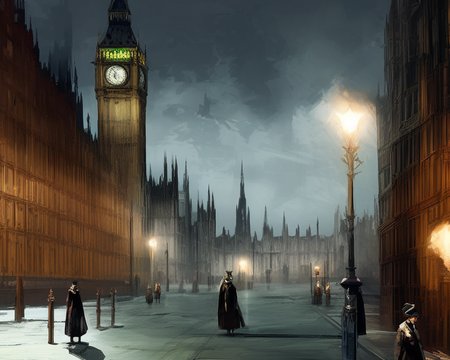 victorian london street, big ben, art by thishonor, dramatic lighting