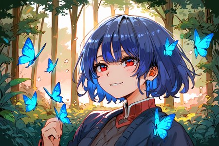 PDXL, source_anime, <lora:MusshuV1:1>, mu55hu, 
1girl, cute face, detailed eyes, upper body, short blue hair, red eyes, glowing butterflies, forest, 
volumetric reflections, volumetric shadows, HDR, shot on Canon DSLR