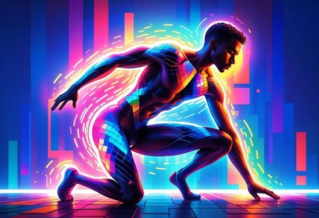 vibrant holographic digital art of an athletic male figure in motion, adorned with neon patterns and lines that give him the appearance of being sculpted from light. He is seen in midpose on his knees, embodying strength and grace as he leans forward to balance himself against gravity. The background features pixelated squares, with neon colors and pixelated patterns that create depth and movement in the style of various artists., the background has colorful pixelated patterns and lights, with high contrast., adding depth while creating a futuristic atmosphere. His skin seems almost the vibrant colors, An illustration of an athletic man in neon colors, An abstract colorful digital illustration of an athletic man with neon patterns on his body