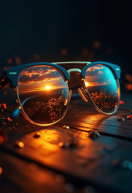 Abstract Lighting Effects, Hyperrealism, Midjourney Style, Photorealism, Cinematic, High Fidelity, Realism, Light Play
Stunning surreal macro closeup photography of a magically reflected sunrise landscape on a pair of dark sunglasses. The frame of the sunglasses is cyan blue plastic and golden metal.
The sunglasses are laying closed, face up on top of a wooden table in a dark room. The reflection of the sunrise lights the area around the sunglasses in a warm golden aura. 
The reflected image of a sunrise is beautiful, lush rolling hills, an orchard in autumn, some vanilla sky clouds. The image of a perfect beginning for an autumn day. The displayed landscape is a bright l, detail rich miniature magical. Beauty and magic is in the scene.
The photography mainly uses golden and autumn colours, counterpointed with bright, deep cyan. 
The composition uses the golden spiral to focus on the beautiful sunrise displayed on sunglasses, the viewpoint is set looking from slightly above the sunglasses. The image uses a strong dark vingette to mask the surrounding.