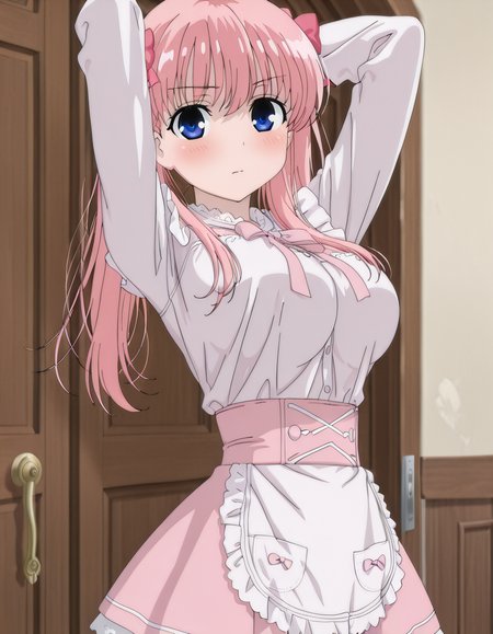 masterpiece, best quality, amazing quality, 1girl, solo, nodokask, 1girl, pink hair, twintails, blue eyes, long hair, anime color, anime screencap, <lora:HaramuraNodokaIllus:1.0>,  looking at viewer, blush, closed mouth, ,<lora:noobai_vpred_1_masterpieces_v23:1.0>, indoor, aethetic lighting, door, wooden door, pink skirt, maid dress, long sleeves, pink bow, apron, lace trim, hair bow, sleeves past wrists, <lora:LovelyCatMaidILL:0.8> ,
