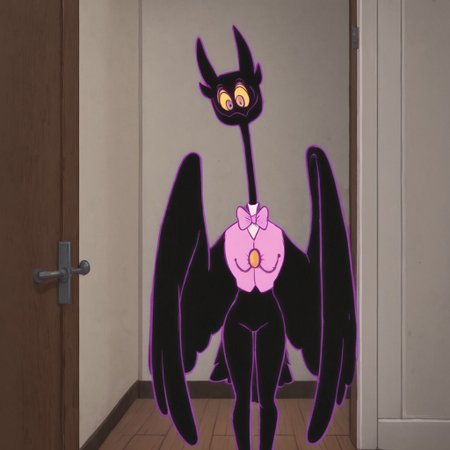 score_9, score_8_up, score_7_up, indoors, long dark hallway, doors, wall BREAK, Barnaby, owl, extremely  pink bow, wings, black body, purple glowing outline, pink bow tie, pink vest, white collared shirt, cuffed sleeves, long neck, bendable neck, anthropomorphic, solo, bowing, greeting the viewer, thick thighs, bottomheavy, wide hips,