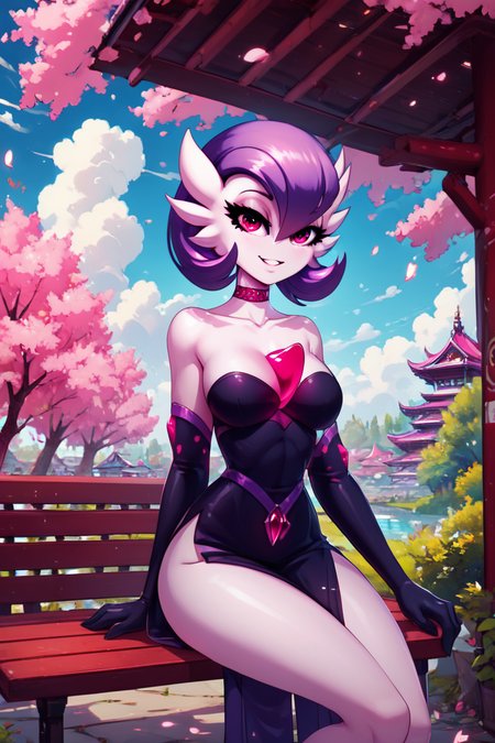 score_9, score_8_up, score_8, medium breasts, (curvy), cute, eyelashes,       BREAK, , zzshinygardevoir, purple hair, dress, bare shoulders, medium breasts, standing, collarbone, black dress, gloves, elbow gloves, strapless dress <lora:Shiny_Mega_Gardevoir_PDXL:1.0>,    , BREAK, sitting on bench, side view, smile, looking at viewer, cowboy shot,  ,,, BREAK, pnkBldng, sky, day, cloud, tree, blue sky, building, architecture, east asian architecture,  ,,, BREAK, embedding:zPDXL, Expressiveh,  ,,, <lora:PinkBuildingsPDXL_v2:0.6>, <lora:SDXLFaeTastic2400:0.5>, <lora:Expressive_H-000001:0.4>