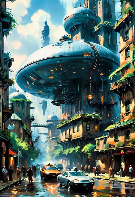 A new type of flying ship for sightseeing in the city of the future, 
Residents live in a sizable number of glass bubble capsules,
The alien colonial cities of the future look like towering ant nests built in Halfway underground in the Grand Canyon, glass dome, communications spire landmark, aircraft terminal, aerial mass transportation,
((The steel tower in the imperial capital of Star Wars, the Rubik's Cube and Golden Tower of the corporate headquarters in Blade Runner, The floating kingdom of Hayao Miyazaki's Castle in the Sky, the catacombs of Paris are full of skulls, Famous British architect Dream Detective)),
(futuristic:1.2), a huge military factory made of steel, glass, fog, sun, in the clouds, , futuristic military planes, moody tones, 
(real landscape:1.1), (blurred background:1.0), [buildings|vehicle|Crowd|buildings|trees|buildings|trees|vehicle|Crowd:0.7], (background, more_details:0.3) 
great lighting, stacked, vertical, futureskyline, impressionist painting, xtower, LW, industrialbuilding