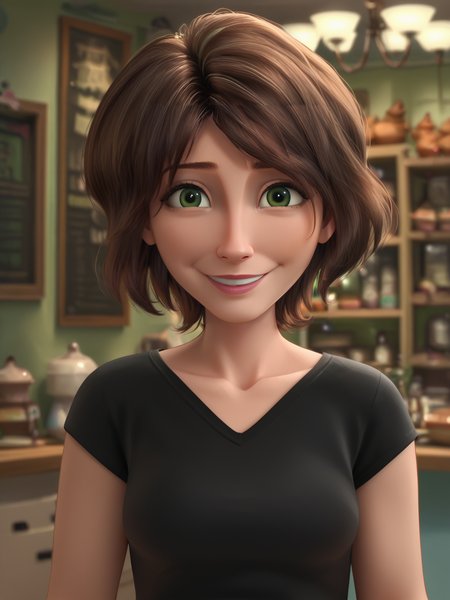 <lora:Cass-Big_Hero_6:1>,cass,mature female,1girl,solo,brown hair,short hair,green eyes,black shirt,upper body,looking at viewer,light smile, ,indoors