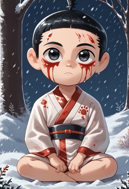 score_9, score_8_up, score_7_up, highly detailed, CuteCartoonStyle, cute, Score_9, Score_8_up, Score_7_up   <lora:Young Samurai Jack:1>,youngjack, fair skin, topknot, short black hair, black eyes, male, 1boy, blood, male focus, solo, blood on face, snow, black hair, snowing, black eyes, chibi, looking at viewer, short hair, japanese clothes,  blood on clothes, outdoors, closed mouth, kimono
 ,  <lora:Cute Cartoon ArtStyle:1>CuteCartoonStyle, 
<lora:IssaKa Poses:1>, full body,  sitting, sitted, open legs, hands beside body, front view