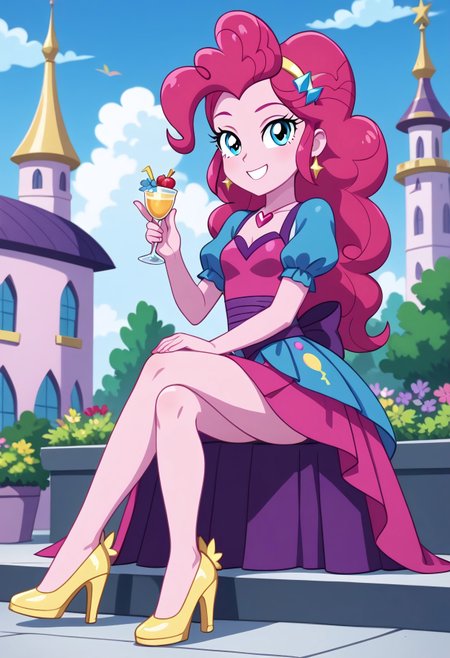 score_9, score_8_up, score_7_up, score_6_up, from My Little Pony Equestria Girls, a very young little human girl Pinkie_Pie wearing a fit blue|sky|green|brown|darkpurple|red|yellow gradients colors short princess dress, elegant detailed princess shoes, solo, 1girl, little princess girl, gradient dark pink hair with crown hairband, smile, childhood, looking at viewer, glow detailed eyes, garden of canterlot, tul, chiffon, laces, semi realistic cartoon, unreal engine 5,  full body close-up, absurdres, digital art, soft light, perfect hands, perfect, hands, perfection, soft pink skin, skyblue eyes, party accesories and shoes, jewelry, tres chic,<lora:age_slider_v4:-4>,