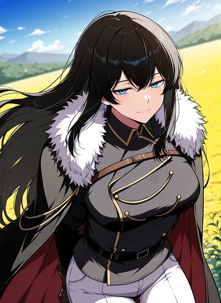 <lora:Karina_Dragonia__The_Knight_King_Who_Returned_with_a_God__Illustrious:1>
1 girl, solo, blue eyes, long hair, black hair, loose hair, hair between the eyes, bangs, sidelocks,
black jacket, black uniform, white pants, black gloves, uniform, black cape, black shoes, pants, jacket, elbow gloves, belt, brown gloves, fur-trimmed cape, white pants,
score_9, score_8_up, score_7_up, very aesthetic, source_anime, detailed, high quality, beautiful, masterpiece, detailed eyes, field, blurry background, pose dynamic angle, upper body, cowboy shot, light smile, floating hair, half-closed eyes, hands behind back, leaning forward, looking forward, looking at viewer
