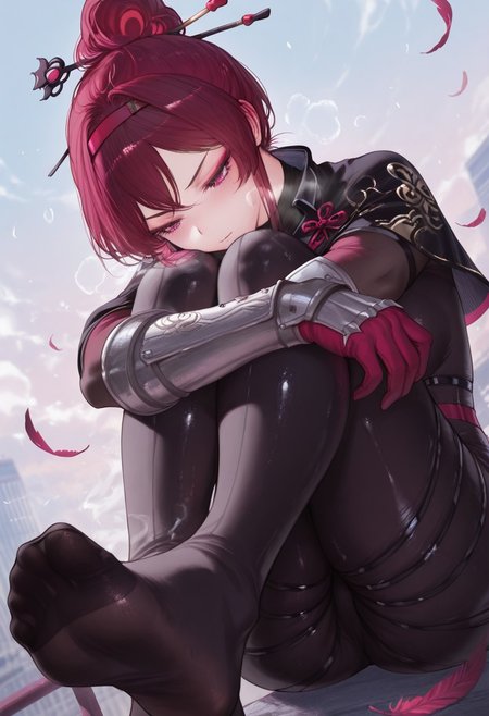 qiandai,  outdoors, undershirt, falling feathers, black bodysuit, hair stick, hugging own legs, , gauntlets,   eyeshadow,   red gloves,  high ponytail,  , black capelet, red hairband, pink eyes, 1girl, solo, feet, visible breath,   dynamic angle, foreshortening, smell, steam,