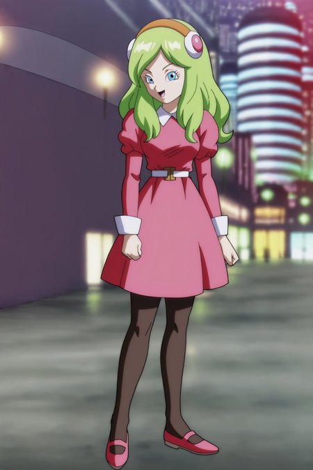 source_anime, score_9, score_8_up, score_7_up, anime screencap, absurd res, high quality,
brianne, 1girl, solo, long hair, green hair, eyelashes, blue eyes, yellow hairband, pink dress, juliet sleeves, long sleeves, white collar, sleeve cuffs, white belt, black pantyhose, mary janes, pink footwear, looking at viewer, cityscape, standing, legs together, fingernails, arms by side, head tilt, clenched hand, small breasts, dark sky, cloud, blurry background, open mouth, smile
 <lora:Kamikaze_Fireballs_v1:0.8>