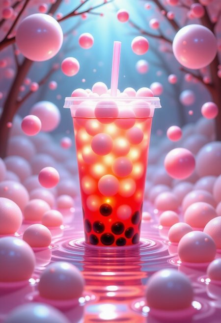 POV, floating in a zero-gravity bubble tea, oversized tapioca pearls suspended around, glowing pink liquid illuminated from below, surreal food fantasy environment
A mind-bending perspective where the viewer floats weightlessly inside a massive bubble tea drink. The tapioca pearls drift lazily, and the glowing liquid ripples as if existing in an alternate dimension.
,pinkhidreamfantasy