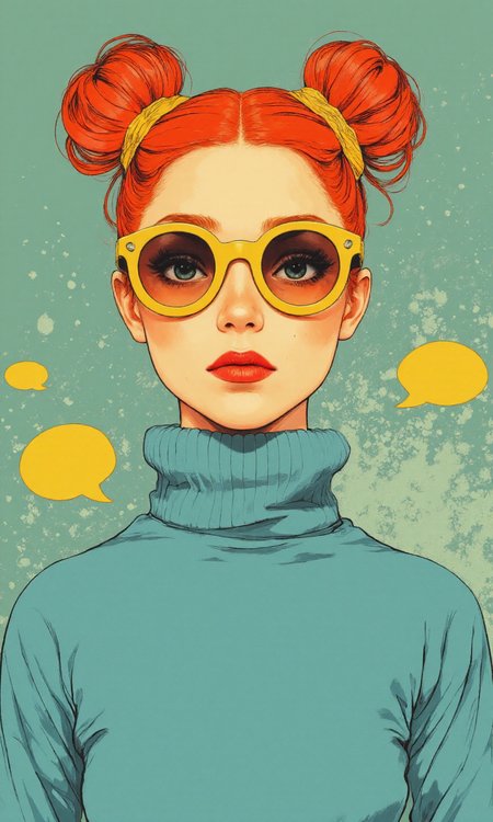 The image is a stylized portrait of a young woman, presented from the chest up. The art style is reminiscent of pop art, with bold outlines and flat areas of color. The coloring uses strong, contrasting colors; the background is a muted teal or blue-green, speckled with small, lighter dots. The subject has light skin; she has her hair styled in two high buns or space buns, the buns are a reddish-orange color, and her hair is a light blue color. She wears large, round sunglasses, which are yellow; her lips are painted a bright red. She is wearing a high-necked, light blue sweater or turtleneck. There are also small speech bubbles depicted on either side of her head; they are both yellow. The lighting is even across the image. Body pose is a fairly frontal view, centered in the frame; her expression is serious and neutral, and her shoulders are relaxed., <lora:FLUX-daubrez-DB4RZ-v2:0.3> DB4RZ, DB4RZ style painting
<lora:aidmaRealisticSkin:0.8> aidmarealisticskin