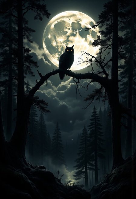 A dark, eerie nighttime forest scene illuminated by the soft glow of a massive full moon. The silhouette of an owl perches on a gnarled tree branch in the foreground, its shape distinct against the bright, textured moon. Surrounding the owl, tall pine trees fade into the shadowy distance, creating a mysterious and atmospheric vibe. Clouds partially obscure the moon, adding depth and intrigue to the scene. The color palette emphasizes deep blacks, greys, and the pale yellow glow of the moonlight, perfect for a haunting yet beautiful composition.
 <lora:CPA:0.5> <lora:FLUX-daubrez-DB4RZ-v2:0.3> <lora:ck-shadow-circuit:0.35> in the style of cksc, <lora:Ethereal Brush Anime v2.0:0.3> <lora:It's a LoRA for portraits, BUT! actually specialized in backgrounds. v1.0:0.15> <lora:Dark_and_sentimental:0.8> <lora:dreadmirth-style-art:0.5> dreadmirthart