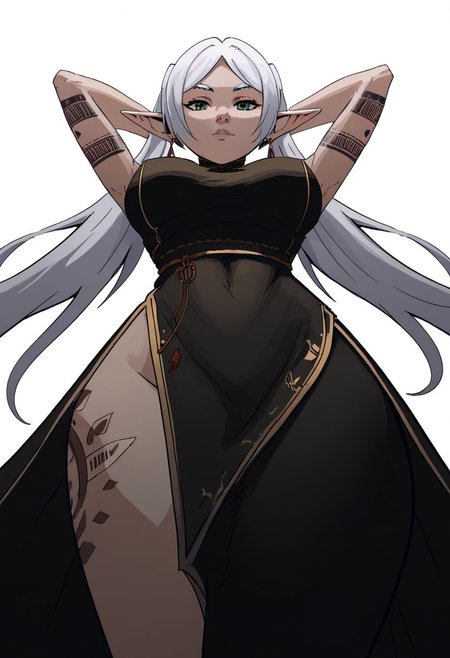 score_9, score_8_up, score_7_up, score_6_up, NCSTL, dynamic view, hentai, ultra-detailed, ... 1girl, solo, female focus, expressiveh, (frieren), (perfect slender body), (pointy ears), large breasts, closed mouth, thick lips, bangs, (incredibly sexy), sexy pose, pose, ((tattoos)), ... (((black Qipao))), laying, ((on back)), below view, eyes wide, looking at viewer, hips, together knees, (hands behind head), ... ((white flat background))