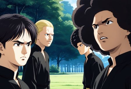 detailed background, 
 <lora:cromartie.pony:1>,
cromartie, 3 boys, 
shade face,((french cook clothes)),nose grasses,okamochi, grasses,protruding afro hair