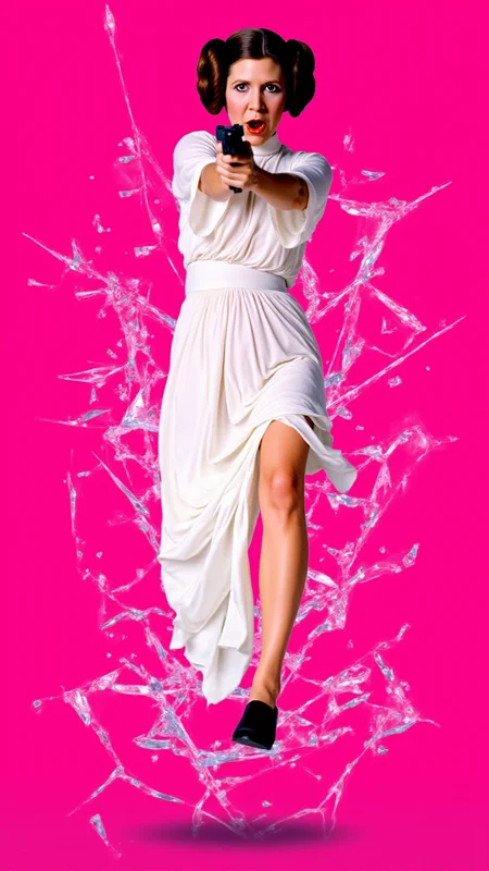<lora:Carrie_Fisher_Flux:1.2> A dynamic, high-energy scene captures Carrie Fisher as Princess Leia Organa holding a blaster from starwars pointed at viewer in a fierce pose, mid-action as she bursts through a shattered glass surface, shards flying in all directions. Perfect hands. The background is a solid, vivid HotPink, creating a stark, intense contrast with the sharp, reflective fragments of glass. She's a young woman with fair skin and brown hair styled in two large, round buns, dressed in her iconic white, floor-length gown, which features a high neck and long, flowing sleeves.   Her body is marked with small cuts from the glass, droplets of blood glistening under the light. Her expression is one of pure fury, his eyes locked onto the viewer as if they are the target of her rage. Her pose is explosive, one leg extended forward as if sheâs leaping through the air, his arms raised defensively or ready to strike. The glass shards around him are frozen in mid-air, their jagged edges catching the light and creating a chaotic, almost surreal effect. The HotPink background amplifies the intensity of the moment, evoking a sense of danger and raw emotion. The atmosphere is charged with adrenaline, the aftermath of his violent breakthrough palpable in every detail. The image feels as if itâs happening directly in front of the viewer, Carrie Fisher as Princess Leia Organaâs momentum and the flying glass creating a sense of immediacy and immersion. Itâs a moment of chaos and power, a snapshot of rage and determination frozen in time. The combination of the HotPink backdrop, the sharp glass, and Carrie Fisher as Princess Leia Organaâs fierce expression makes for a visually striking and emotionally charged composition. She goes forward, driven by duty and the promise of glory.