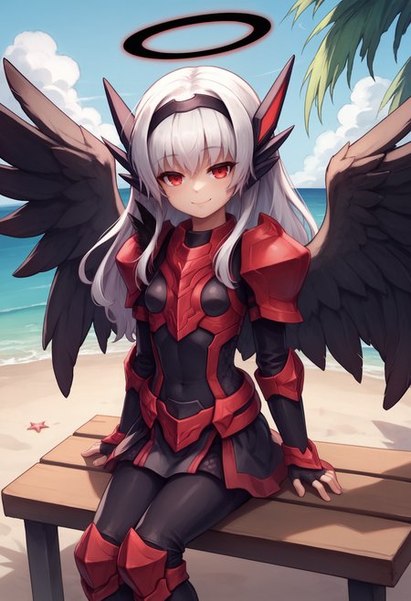 zPDXL, 1girl, solo BREAK
darkmel, darkmel-armor, hairband, headgear, closed mouth, small breasts, halo, wings,
seductive smile, looking at viewer,
sitting on bench,
beach, 
<lora:darkmel-ponyxl-kohya-000006:0.6>