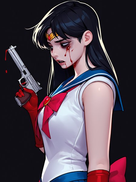 score_9, score_8_up, score_7_up, score_6_up, score_5_up, score_4_up, rating_safe
BREAK
sailor mars, circlet, black hair, black eyes, looking away, tired, half-closed eyes, bags under eyes, sigh, open mouth, looking down, blood on face, blood splatter,
BREAK
solo, portrait, magical girl, red serafuku, from side, (holding gun, handgun:1.2), blood on weapon,
BREAK
black background, <lora:Lunas-ToxxyT-SDXL-A1:1>