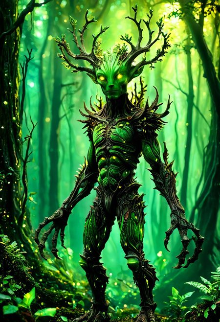 A photorealistic image of a majestic alien Spriggan, 
intricate details, dramatic composition, contrast, texture, realism, high quality, stunning art, film grain, volumetric lighting, detailed, 
alienworld,
background is alien forest,