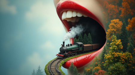high definition photo collage, double exposure. close up of a wide open mouth with red lips. highly detailed, tiny  forest inside the opened mouth. old tiny steam train going out of this mouth on a swirling railway. vibrant colors portrait, beautiful, perfect, 