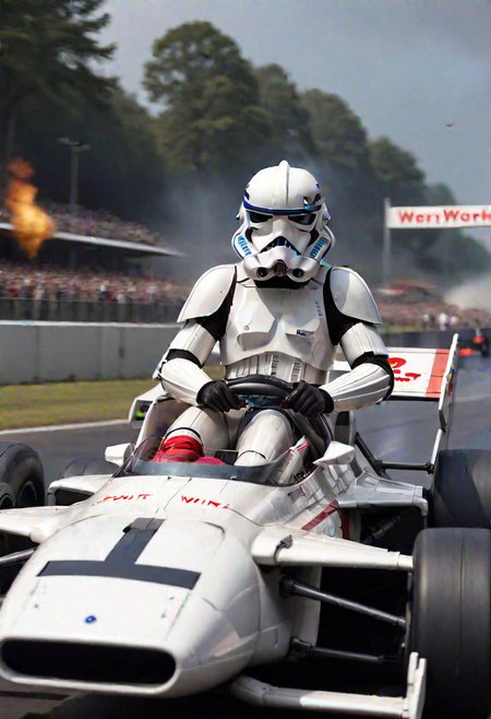 storm trooper driving a formula 1 X-wing seen from the side as it passes the onlookers