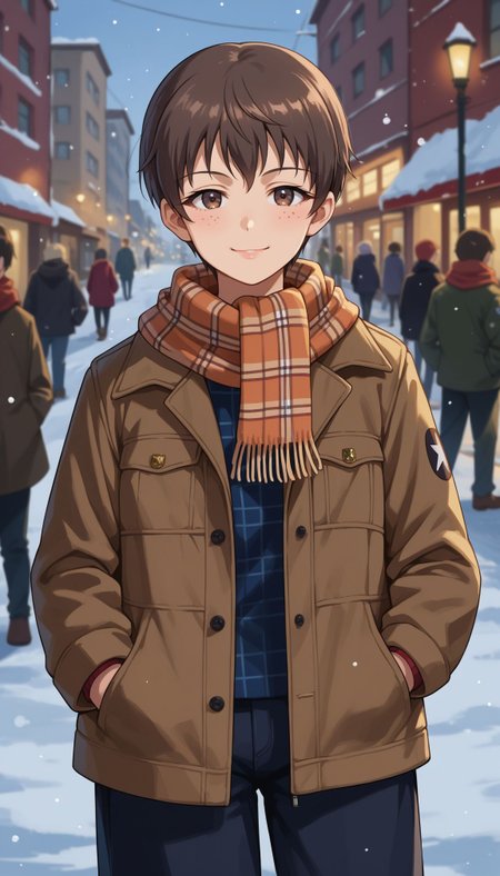 score_9, score_8_up, score_7_up, source_anime, 
<lora:Naomi:0.8> 1girl, naomi (girls und panzer), brown hair, brown eyes, freckles, very short hair, smile, 
bokeh, depth of field, hair between eyes, jacket, long sleeves, looking at viewer, plaid, plaid dress, plaid jacket, plaid scarf, plaid shirt, scarf, smile, solo, unmoving pattern, street, winter, snow, one hand on pocket, v over eyes,