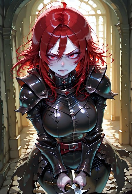 masterpiece, best quality, highres, absurdres, amazing quality, high resolution, 
Red Eyes, Red Hair, pale skin, Black Medieval Armor, leather straps
holding sword
curved blade, sword fighting, angry, brave perspective, hand raised up