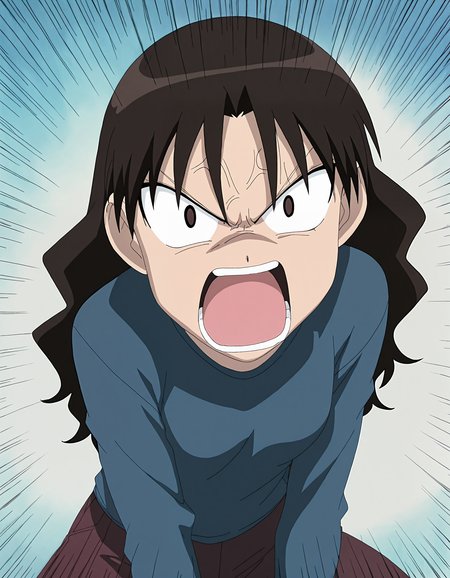 masterpiece, best quality, good quality, newest, highres, absurdres,<lora:Azumanga_style-000013:1>,azumanga_illu, style parody,anime screenshot, 1girl, solo, long hair, open mouth, angry, shouting, brown hair, emphasis lines, long sleeves, parody,action lines