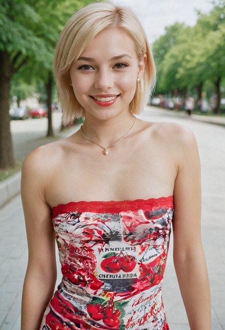 1girl, 20 years old, highly detailed face, short blonde hair, outdoor, cherry minidress, ideal face, cute smile, realistic detailed skin, RAW candid cinema, 16mm, color graded 400 film, remarkable color, ultra realistic, highest quality, masterpiece photography, <lora:add-detail-xl:1.5>, <lora:BT_Cherry_Minidress_XL:0.7>