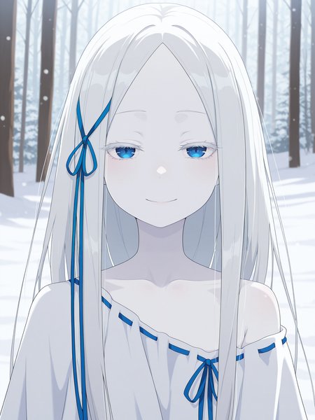 <lora:Pandora Illu:1>p4ndora, white hair, blue eyes, colored eyelashes, parted bangs, pale skin, 
blue ribbon, long hair ribbon, w1tchdress, ribbon-trimmed dress, shoulder slip, 
snow, forest, depth of field,  closed smile, looking at viewer, 
portrait,, masterpiece, best quality, amazing quality