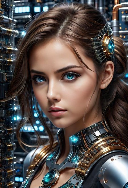 beautiful girl repairing a quantum computer, large ultra detailed technical parts, complex structures, ultra detailed shiny reflections, future style, detailed cinematic effects, ultra detailed reflections, ultra animated detailed digital art, beautiful realistic face, beautiful eyes, perfect focus, highest possible resolution,