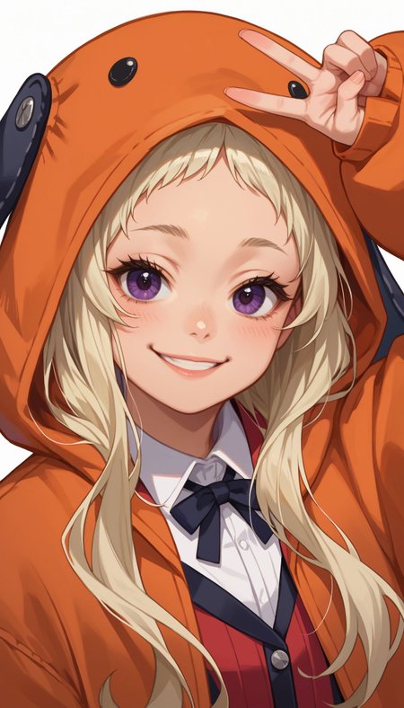 score_9, score_8_up, score_7_up, source_anime, 1girl,  close portrait, face focus, V sign, smile, upper body, , <lora:Runa new 2:0.8> Runa, blonde hair, purple eyes, orange hooded jacket, white shirt, animal hood, red blazer , pleated skirt, striped thighhighs
