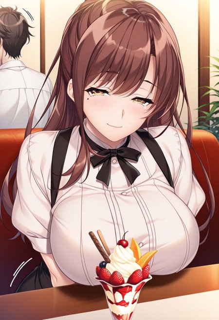 masterpiece, best quality, newest, highres, uncensored, 1girl, yokota mamoru style,1girl, slender face，motion lines,torogao,looking at the viewer,seductive smile,blush
Tachibana Iori,Brown Hair, Ponytail, Sidehair, Straight Hair, Waist Length Hair,Long Hair,Amber Eyes,Big Breasts, Mole, Slim
1girl, parfait, waitress, food, ice cream, long hair, brown hair, sundae, fruit, green eyes, dessert, 1boy, breasts, solo focus, large breasts, table