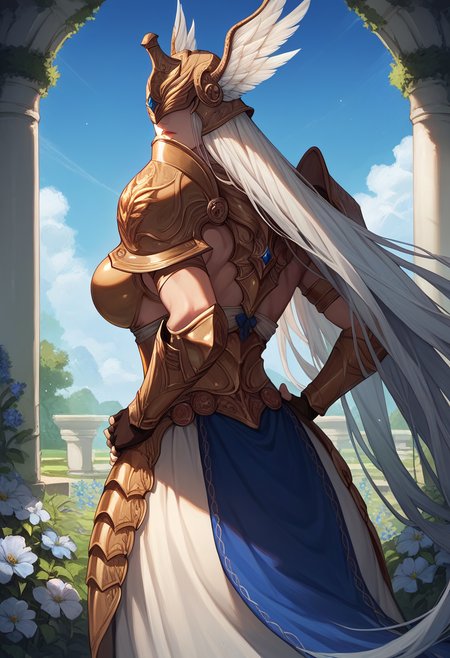 score_9, score_8_up, score_7_up, source_anime BREAK 1girl, looking at viewer, cowboy shot,
<lora:HaloneDwnsty-000008:0.8>, halonedwnsty, white hair, very long hair, covered eyes, winged helmet, valkyrie, gold armor, breastplate, skirt, fingerless gloves, 
large breasts, lips, skindentation, from behind, back, hands on own hips, 
outdoors, garden, flower, sunlight, blue sky,