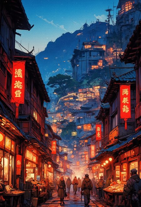 A beautifully atmospheric Asian-inspired night market street, illuminated by warm glowing lanterns and string lights overhead. Traditional wooden buildings with dark tiled roofs and intricate architectural details line both sides of the cobblestone street. Red banners with golden Chinese characters hang from the buildings, swaying gently. The street is bustling with people walking leisurely, their silhouettes blending into the warm evening ambiance. In the background, a stunning mountainside cityscape is filled with glowing windows, creating a breathtaking layered effect. The sky is deep blue with a few wisps of clouds and faint stars appearing. The entire scene exudes a cozy, cinematic aesthetic, blending traditional architecture with an enchanting nighttime atmosphere.
,  anime, cyberpunk