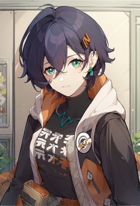 score_9, score_8_up, score_7_up, source_anime, belle \(zenless zone zero\), 1girl, solo, hairclip, looking at viewer, earrings, jewelry, shirt, black shirt, long sleeves, hooded jacket