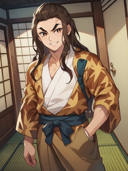 score_9, score_8_up, score_7_up,score_6_up, 1boy, dynamic pose, cowboy shot, looking at viewer, sexually suggestive, evil smile, dutch angle, tatami,
 <lora:AHotaruHaganezuka_character:1>, HotaruXL, long hair, brown hair, japanese clothes, long sleeves, kimono, pattern clothes, muscular, anime screencap, anime coloring,