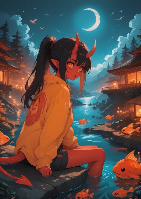 Score_9, score_8_up, score_7_up, score_6
(source_cartoon:1, source_anime:1, cartoon, vibrant, bright colors, digital art)
1girl, horns, sign, cloud, sky, solo, long hair, pointy ears, jacket, fish, bird, moon, crescent moon, ponytail, sitting, open mouth, black hair, tail, water, night, long sleeves, outdoors, shirt, soaking feet, star (sky), demon tail, shorts, demon girl, red skin
<lora:Eldritch_Universe_Style Pony:1.8> <lora:Black_Magic_Steering:0.8> Source_Anime  <lora:Anime Summer Days 2 Style SDXL_LoRA_Pony Diffusion V6 XL:0.8>