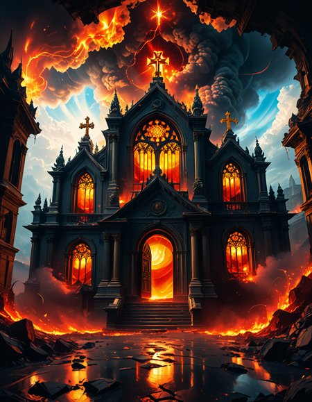 A once-majestic celestial temple, now under siege by the forces of Hell. The grand white stone structure is cracked and scorched, its golden crosses twisted and broken. The stained-glass windows, once glowing with warm divine light, are now shattered, with demonic symbols glowing ominously in their place. The sky, once a serene blue, is now consumed by dark storm clouds, swirling with red lightning and thick smoke.
Black, jagged chains extend from the sky, wrapping around the temple as if trying to pull it down into the abyss. The once-fluffy clouds beneath the structure are now a chaotic mix of fire, ash, and dark mist, with glimpses of molten lava cracks below. Infernal creatures with glowing red eyes lurk in the shadows, their silhouettes barely visible through the smoke and fire.
The temple doors are blown open, revealing an eerie red glow emanating from within, as if Hell itself is consuming the sacred space. Massive demonic runes are etched into the stone, pulsating with an unholy energy. The entire scene is bathed in a deep crimson and orange glow, giving it an apocalyptic and nightmarish atmosphere.
Style & Lighting:
- Dark fantasy, highly detailed
- Dramatic, high-contrast lighting with fiery glows
- Cinematic composition, epic scale
- Strong use of shadows, embers, and atmospheric foghighly detailed and atmospheric view from inside a massive birdcage, large enough for a human to stand inside. The cage is made of ornate, aged metal bars with intricate Victorian-style patterns, curving elegantly towards the domed ceiling. Sunlight filters through the gaps between the bars, casting long, dramatic shadows on the wooden floor. Delicate vines and small flowers have begun to grow around the bars, adding a touch of nature reclaiming the space. The background beyond the cage is blurred, hinting at a lush garden or a mysterious, abandoned mansion. The ambiance is serene yet slightly melancholic, with warm golden light illuminating dust particles floating in the air. Soft feathers are scattered on the floor, adding to the sense of quiet abandonment. The perspective makes the viewer feel as if they are inside the cage, looking outward, surrounded by both beauty and confinement. The style is highly detailed and realistic, with a cinematic and slightly surreal atmosphere.
<lora:SDXLFaeTastic2400:0.4> <lora:extremely_detailed:0.4> extremely detailed,evil celestial t3mpl3, <lora:evil_celestial_t3mpl3-p:1>, Masterpiece,best quality,hi res,8k,hi res,8k,award winning,(sharp focus, intricate, highly detailed),