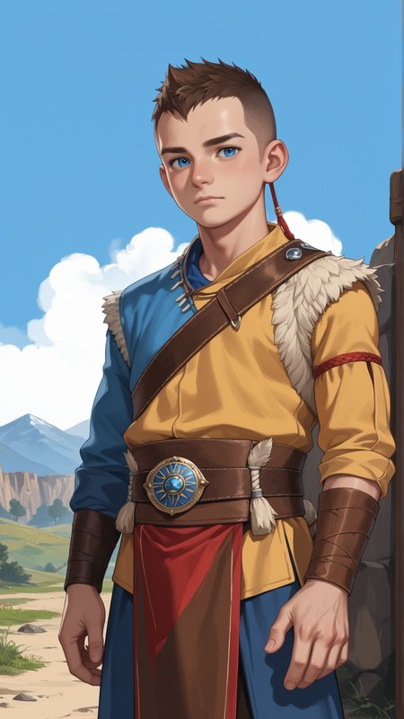 score_9, score_8_up, score_7_up, score_6_up, score_5_up, score_4_up, rating_safe, source_anime, anime style cartoon, source_cartoon, <lora:GoWRAtreusPDXL:1>GoWRAtreus, 12 y-o young boy, solo,  (Side flip:1.5) in a dragon's lair location.
Blue eyes and short brown buzzcut. GoWRAtreus is wearing a (yellow:0.5) tunic with leather details. Belts and straps crossing his body. (His waistcloth is red and blue:1.4). GoWRAtreus is wearing brown leather boots. His right arm is bare and has a tattoo. GoWRAtreus expression is Sad, downturned mouth, drooping eyelids, and furrowed brow..