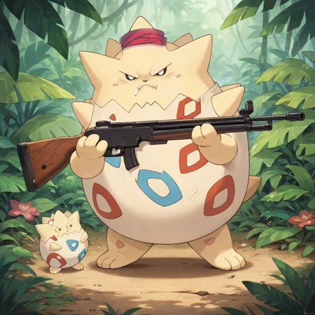 score_9, score_8_up, score_7_up, score_6_up, score_5_up, score_4_up, source_anime, pokemon (creature), slimes_togepi, angry face, holding rifle, smoking cigarette, jungle background
 <lora:Hyper-SDXL-12steps-CFG-lora:1>  <lora:SlimesTogepi:1>