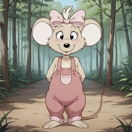 masterpiece, best quality, amazing quality, Marciabbil, semi-anthro, female, Marsupial Mouse, tan fur, black eyes, pink overalls, pink bow, hair bow, woods, standing