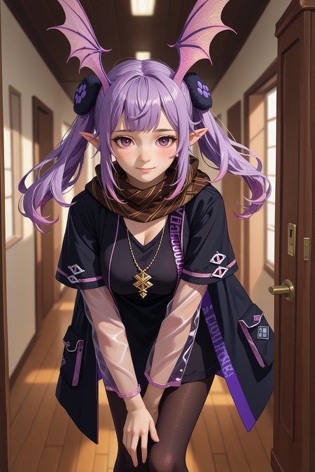 score_9, score_8_up, score_7_up, score_6_up, source_anime, 1girl, solo,  <lora:manticore-pdxl-nvwls-v1-000004:1> drgMC, lavender hair, twintails, long hair, purple eyes, hair ribbon, pointy ears, head wings, hair ornament, black coat, brown scarf, necklace, black dress, short sleeves, see-through sleeves, thighs, black pantyhose, large breasts, leaning forward, blush, light smile, hallway, hand up