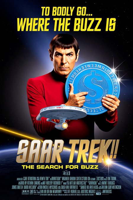 mvpstr. Epic Movie poster for  "Star Trek III: The Search for Buzz". In the foreground, a starship resembling the iconic Enterprise soars through space, but with humorous alterations, like dollar signs engraved on its hull and oversized gold exhaust pipes trailing exaggeratedly shimmering sparkles.
The background is dominated by an amusingly exaggerated portrait of Spock, his famously serious expression contrasted by the absurdity of him clutching a giant blue coin as if it's a sacred artifact. His raised eyebrow heightens the comedic effect, emphasizing the irony of the situation. The coin gleams with absurd importance, larger than his head, reflecting starry highlights to suggest it's some intergalactic treasure.
Above the title, in bold, futuristic font, the tagline reads: "To Boldly Go... Where the Buzz is"
The overall tone is light and satirical, with bright, exaggerated colors and playful details mocking the seriousness of traditional sci-fi posters. <lora:schnell_v1.0:1.0> <lora:EpicMoviePoster-000015:1.0><lora:787478311224942087:0>