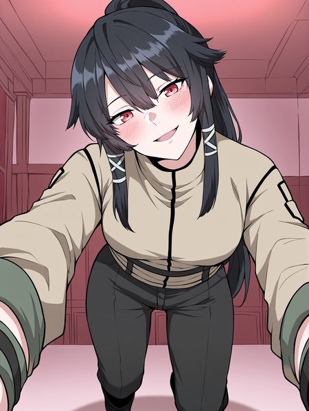 <lora:Jasmine_Flamesworth__The_Beginning_After_the_End__Illustrious:1>
1 girls, solo, red eyes, black hair, long hair, ponytail, bangs, hair between eyes, sidelocks, small breasts
brown jacket, greeb ribbon, fingerless gloves, long sleeves, black pants, black boots, bandages
score_9, score_8_up, score_7_up, score_6_up, source_anime, rating_explicit, 1girl, solo, smile, embarrassed, alcalose eyes, open mouth, mansion, indoors, looking at viewer, outstretched arms, pov, close-up, (head tilt:1.2)