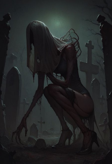 score_9, score_8_up, score_7_up, 1girl, grotesque, banshee, graveyard, horror themed, haunting, ethearal, green lighting, detailed, Mr_Monster_Possitive, comicbookpencils, no face, ghostly, high heels