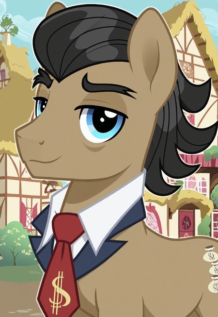 safe_pos, safe_pos, score_9, score_8_up, score_7_up, source_anime, rating_nsfw, ultra hd, absurdres, solo, masterpiece, best quality, best aesthetic, Expressiveh, wolfconf,

MLPFilthyRich, money bag cutie mark, no humans, red necktie, black hair, horse, pony, ponyville, looking at viewer